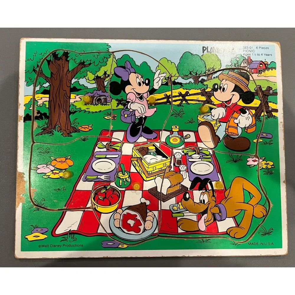 Vintage Mickey Mouse & Friends Playskool Wooden Inlaid Puzzle Complete Disneyana